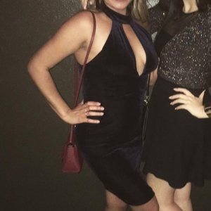 Velvet Bodycon Blue Halter Dress (Medium)